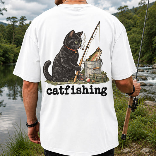 Catfishing Smoking Black Cat with Fishing Rod Funny T-Shirt | Back Print