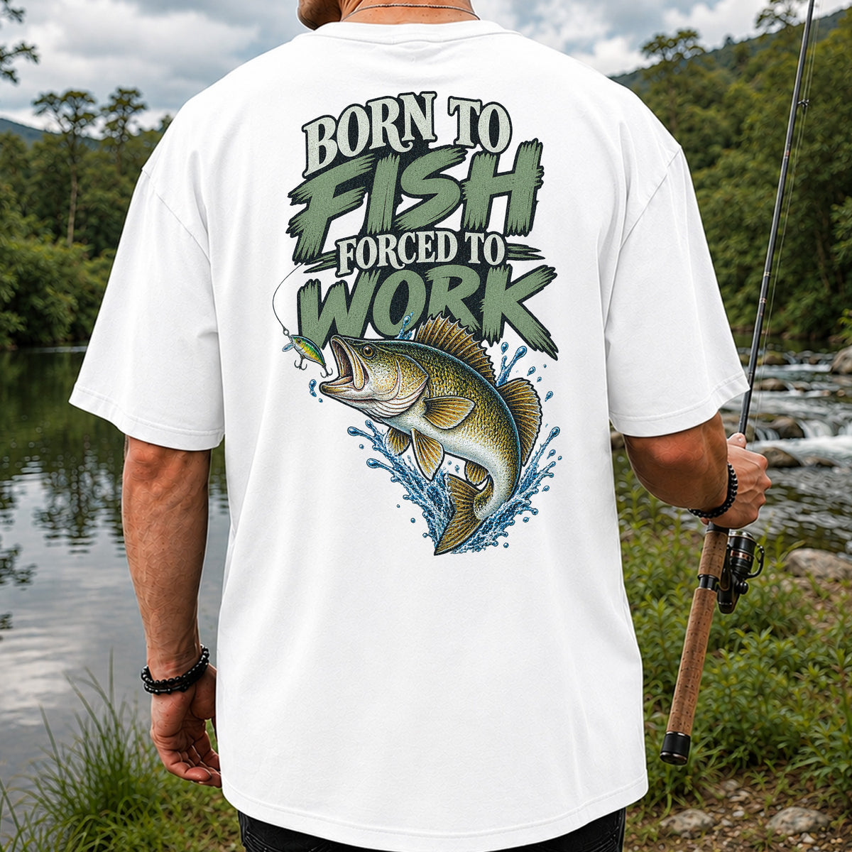 Born to Fish Forced to Work Bass Fishing T-Shirt | Back Print