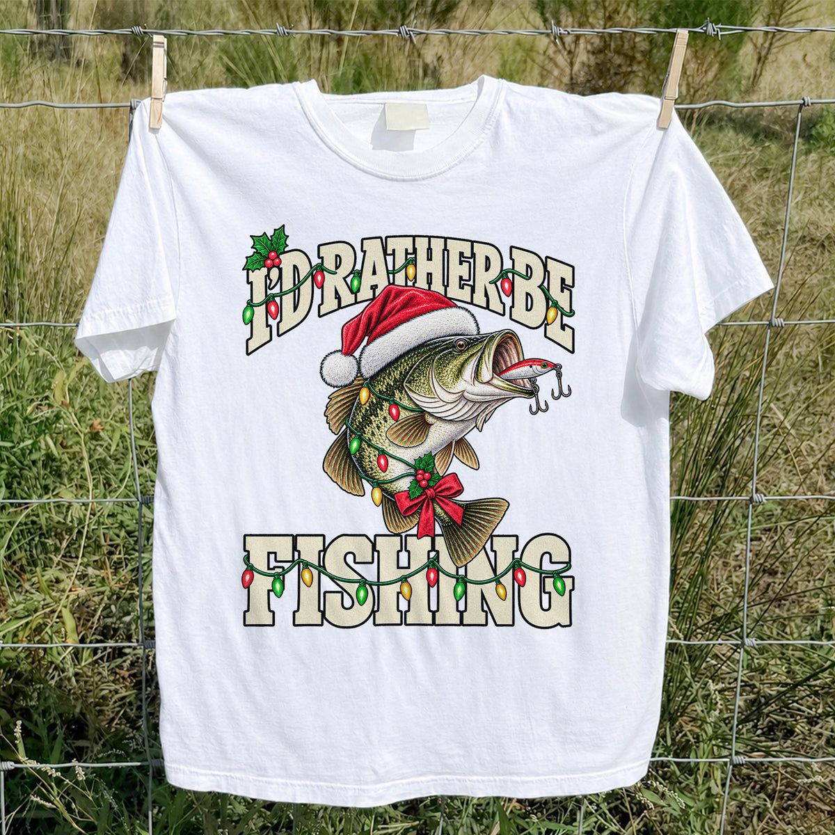 Santa Hat Bass Christmas Fishing Graphic T-Shirt