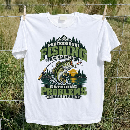Professional Fishing Expert Catching Problems One Fish at a Time Bass T-Shirt