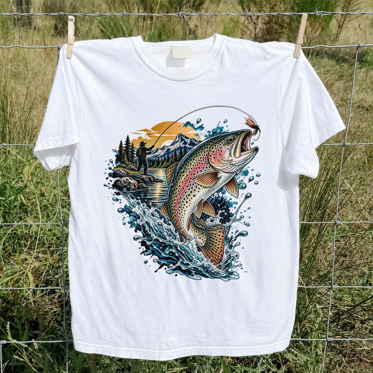 Leaping Rainbow Trout Mountain River Fly Fishing Graphic T-Shirt