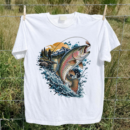 Leaping Rainbow Trout Mountain River Fly Fishing Graphic T-Shirt