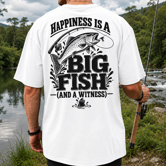 Happiness Is a Big Fish (And a Witness) Funny Trout Fishing T-Shirt | Back Print