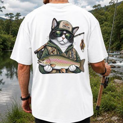 Cat Holding Rainbow Trout Fishing Graphic T-Shirt | Back Print