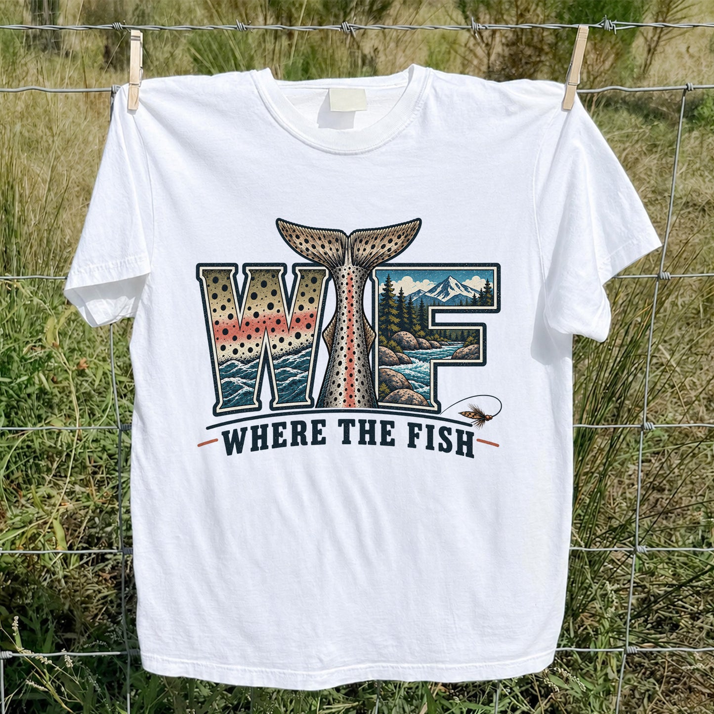 WTF Where the Fish Trout River Mountain Fishing T-Shirt