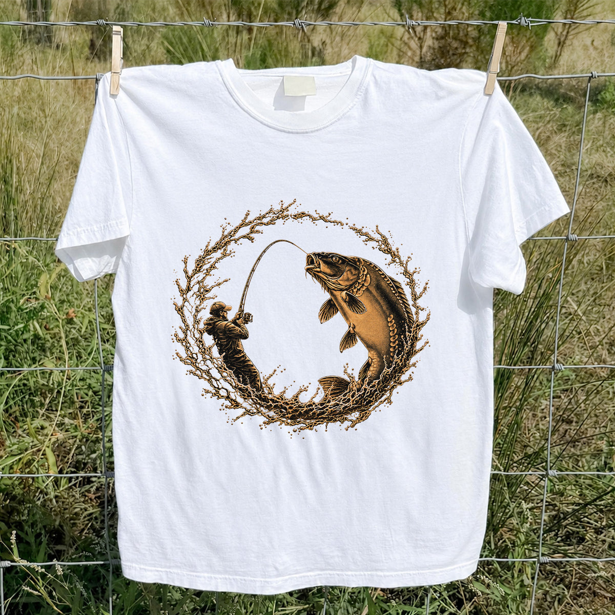 Carp Angler in Circular Water Splash Fishing Graphic T-Shirt