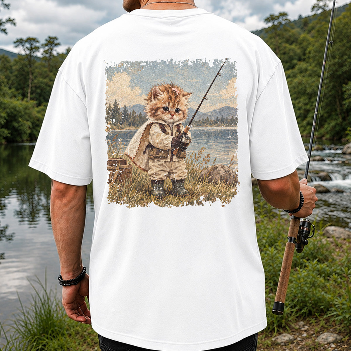 Vintage Kitten Fishing by the Lake Cute Cat Graphic T-Shirt | Back Print