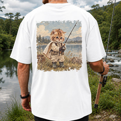 Vintage Kitten Fishing by the Lake Cute Cat Graphic T-Shirt | Back Print