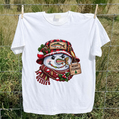 Merry Fishmas Snowman with Rainbow Trout Christmas Fishing T-Shirt