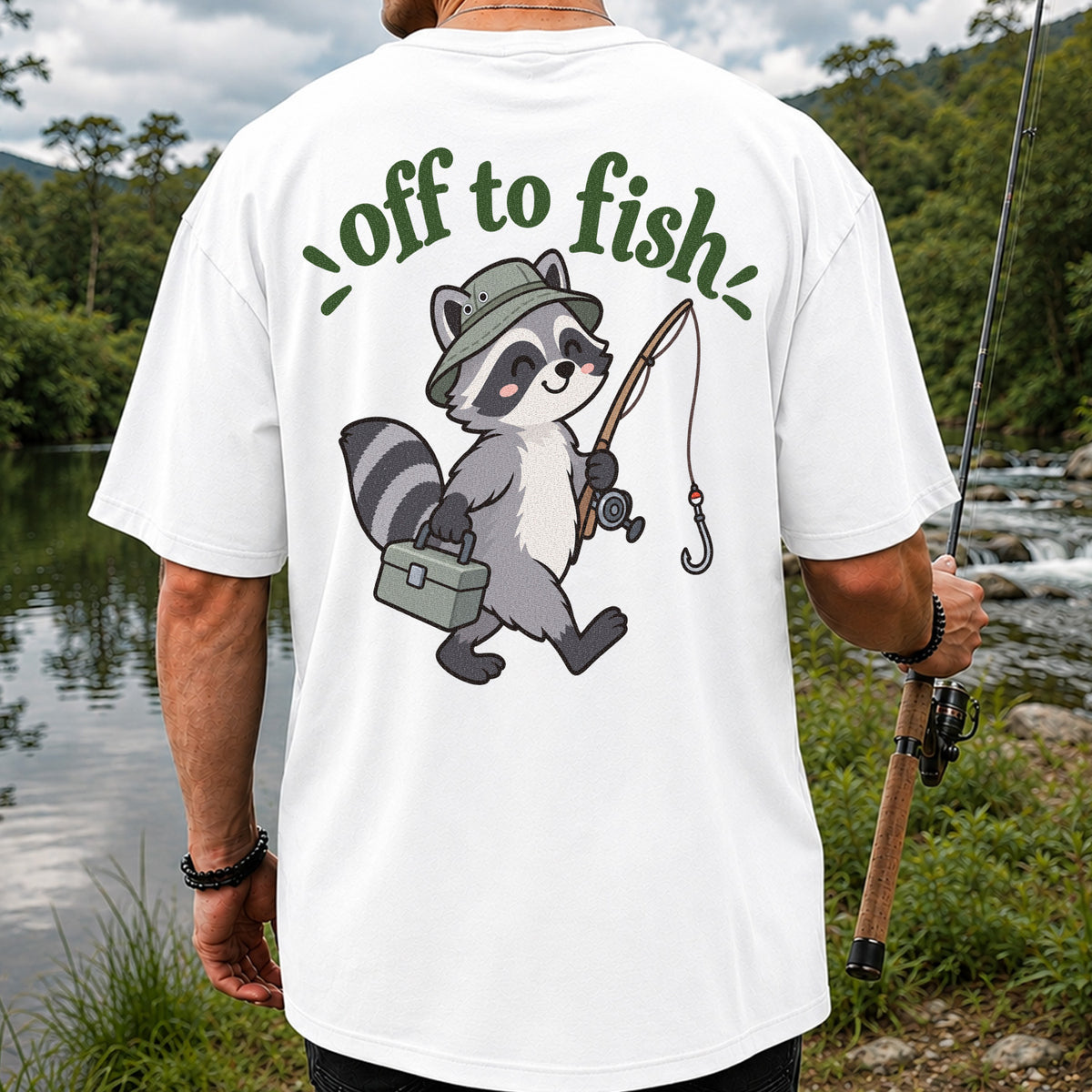 Off to Fish Cute Raccoon with Fishing Rod Graphic T-Shirt | Back Print