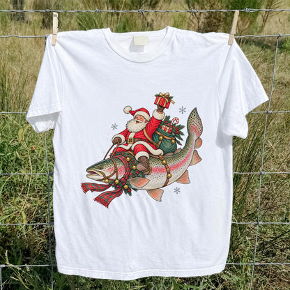 Santa Riding a Festive Rainbow Trout Christmas Fishing Graphic T-Shirt