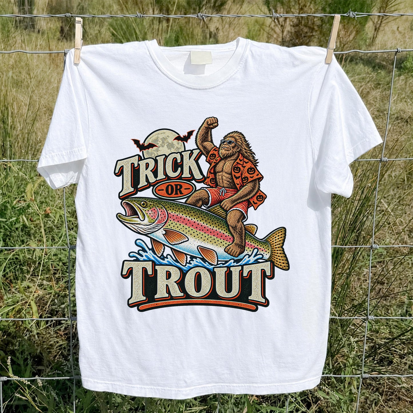 Trick or Trout Bigfoot Riding a Rainbow Trout Halloween Fishing T-Shirt