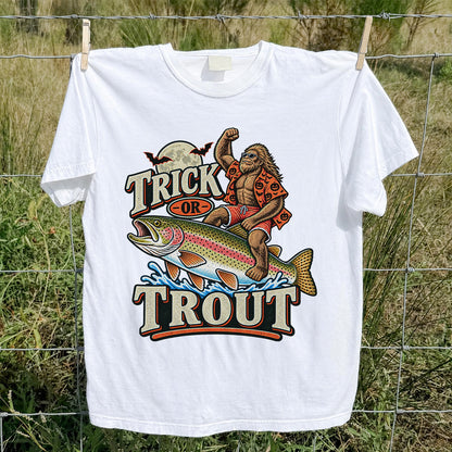 Trick or Trout Bigfoot Riding a Rainbow Trout Halloween Fishing T-Shirt