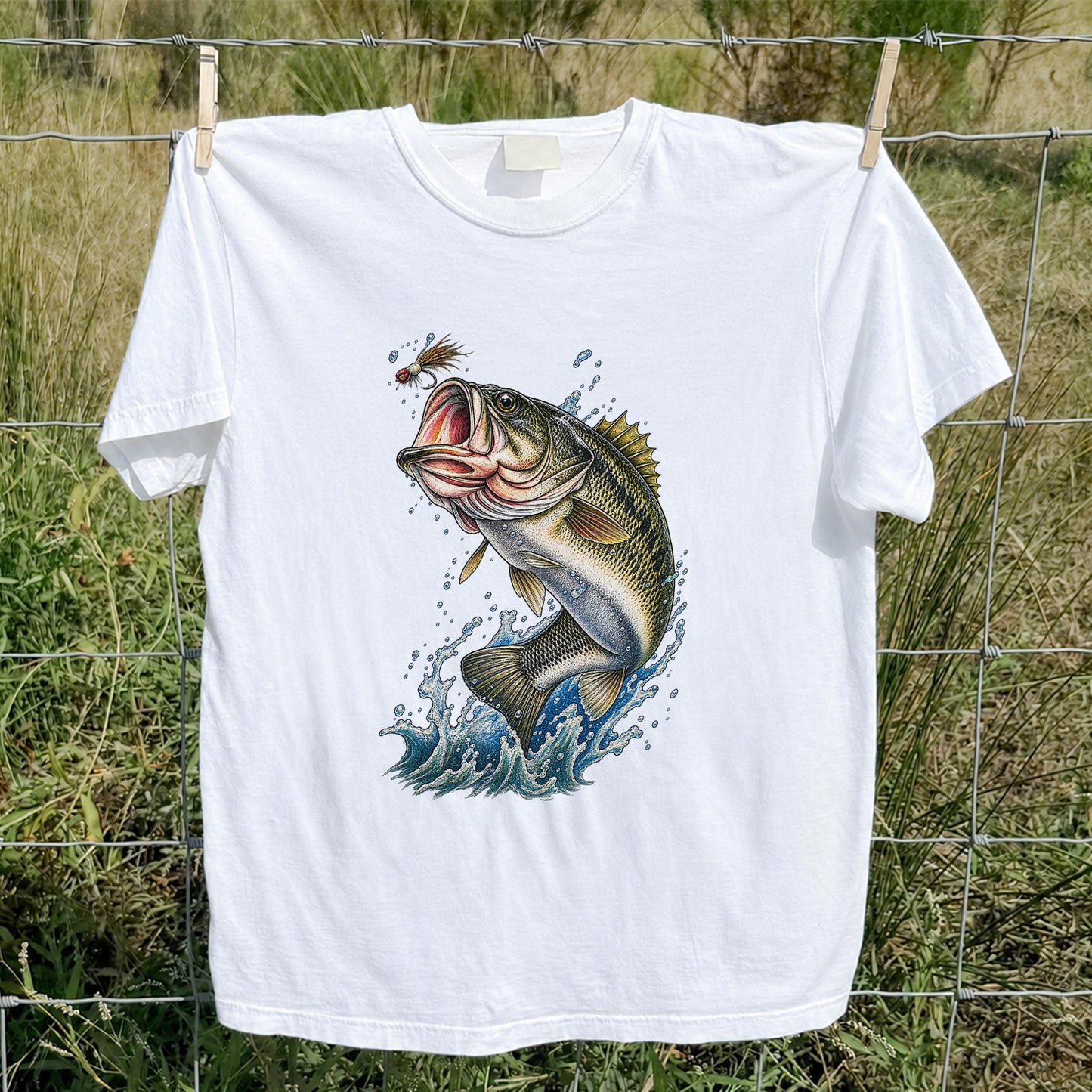 Largemouth Bass Leaping for a Fly Fishing Graphic T-Shirt