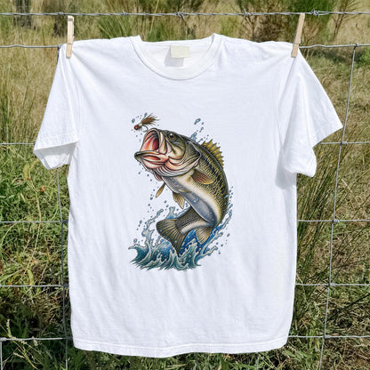 Largemouth Bass Leaping for a Fly Fishing Graphic T-Shirt