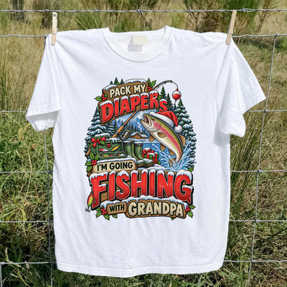 Pack My Diapers I'm Going Fishing With Grandpa Christmas Rainbow Trout T-Shirt