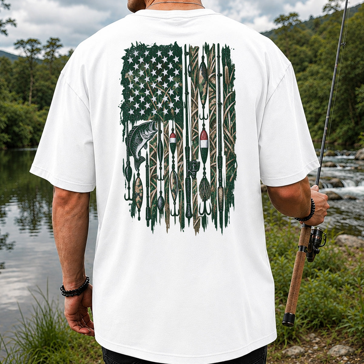 American Flag Bass Fishing Rods and Lures Graphic T-Shirt | Back Print