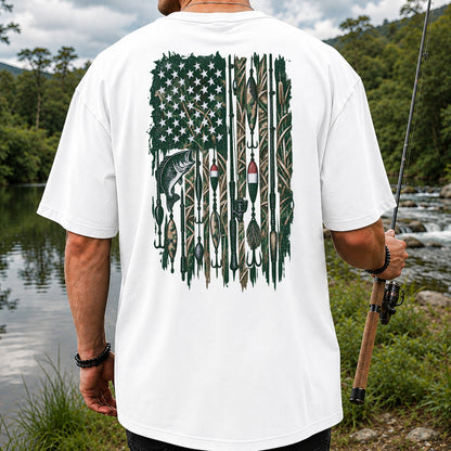 American Flag Bass Fishing Rods and Lures Graphic T-Shirt | Back Print