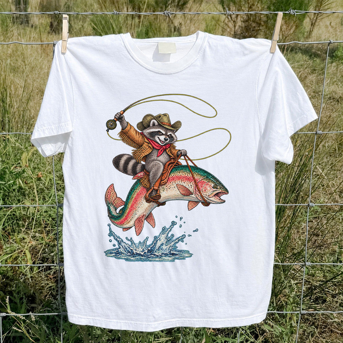 Cowboy Raccoon Riding a Rainbow Trout Fishing Graphic T-Shirt