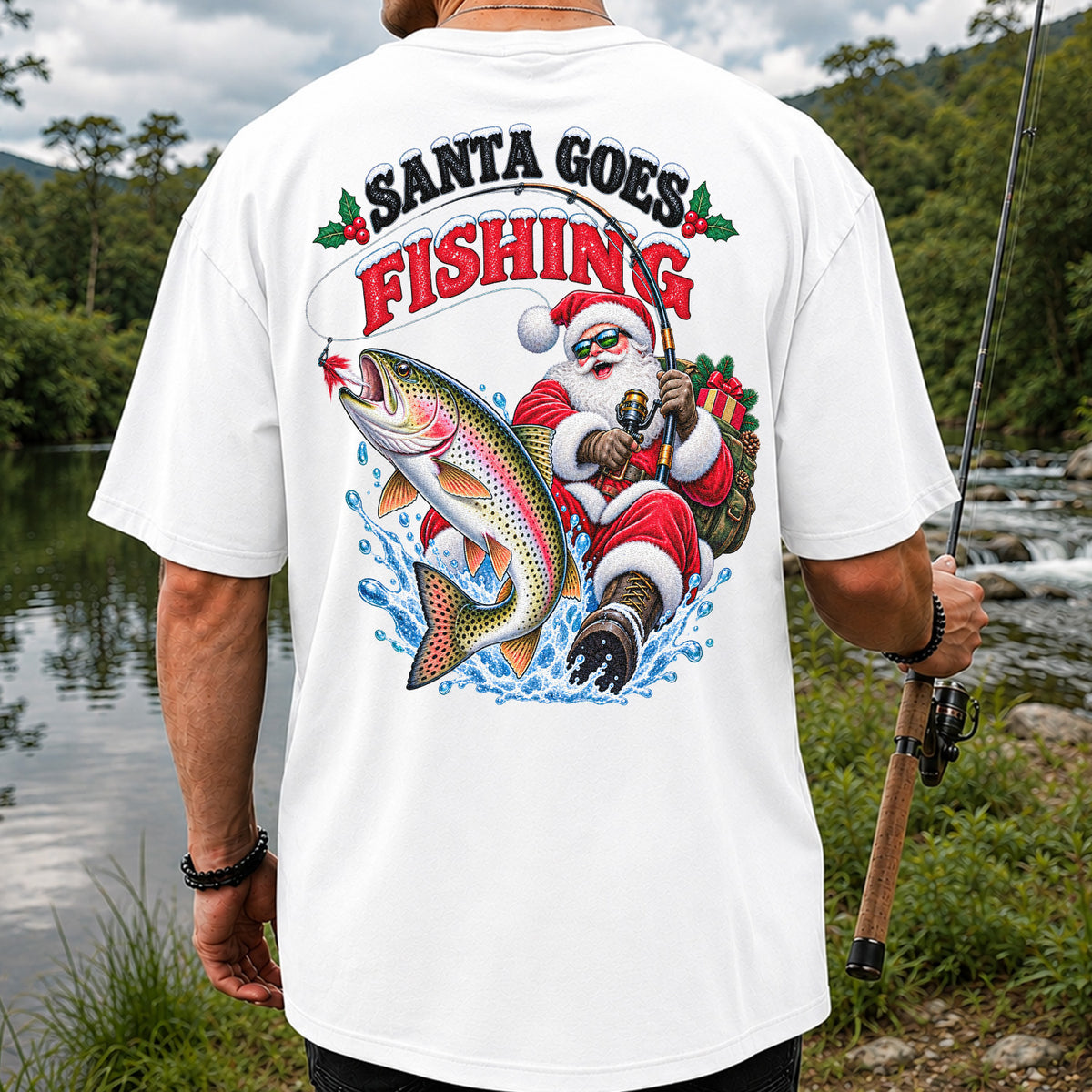 Santa Goes Fishing Rainbow Trout Christmas Graphic T-Shirt | Back Print
