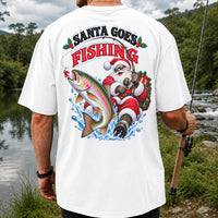 Santa Goes Fishing Rainbow Trout Christmas Graphic T-Shirt | Back Print