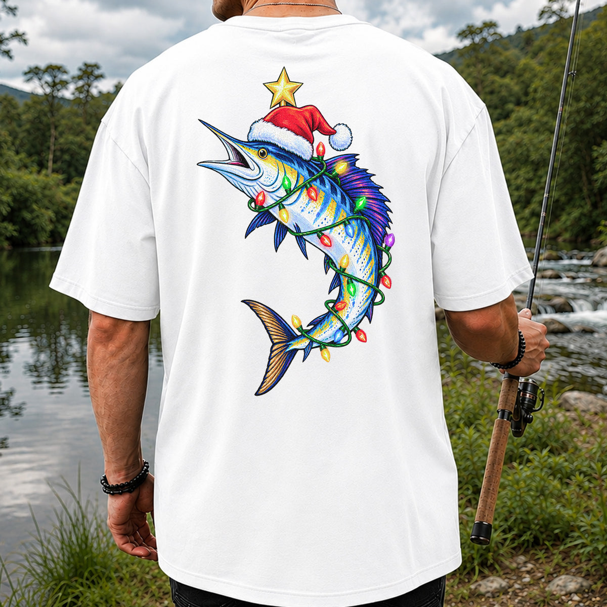 Christmas Marlin Wrapped in Lights Fishing T-Shirt | Back Print