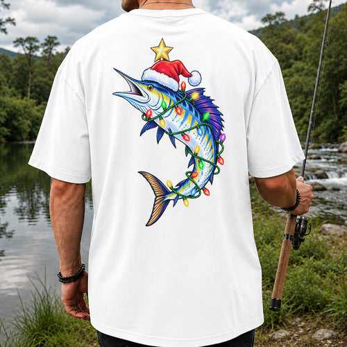 Christmas Marlin Wrapped in Lights Fishing T-Shirt | Back Print