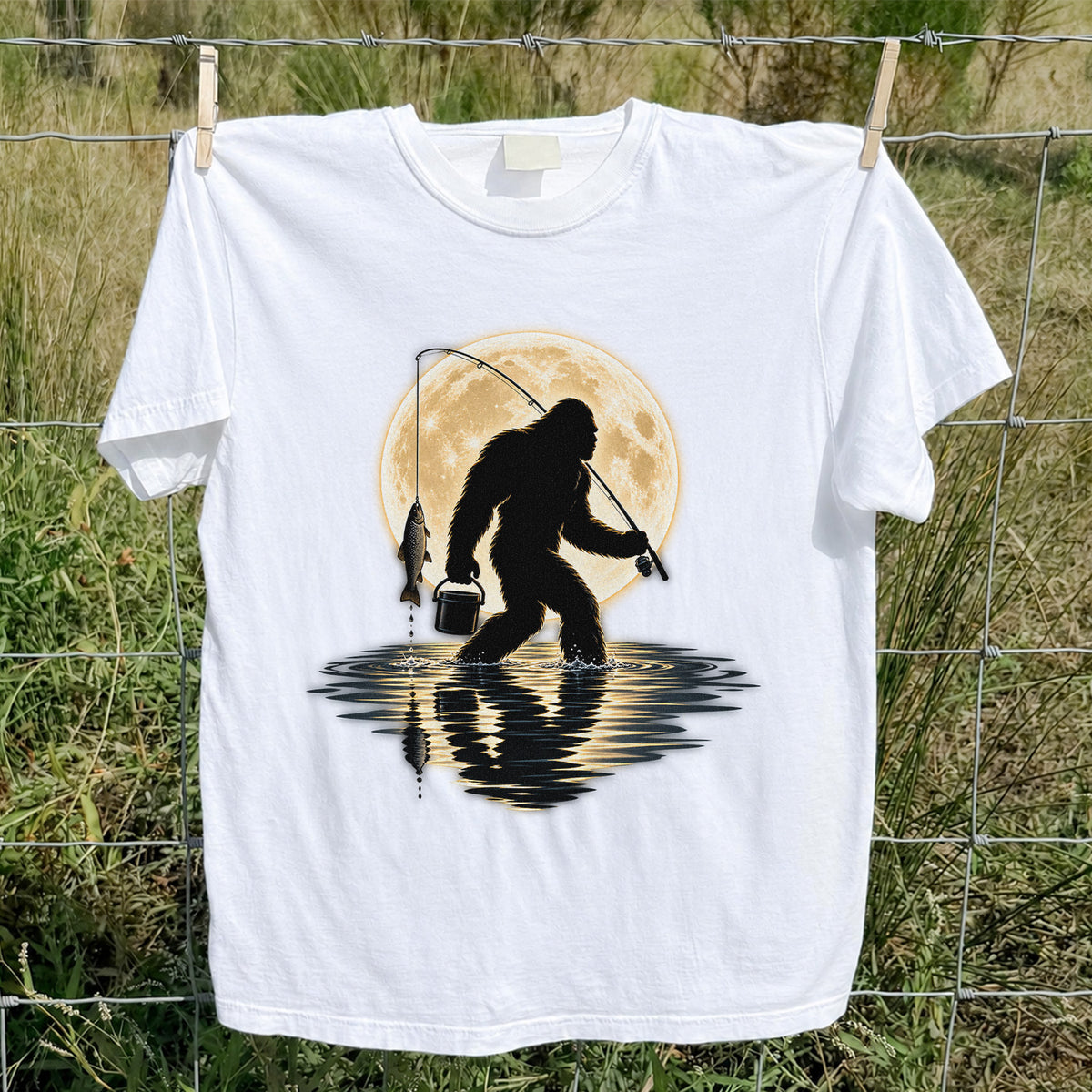 Bigfoot Fishing Under a Full Moon Graphic T-Shirt