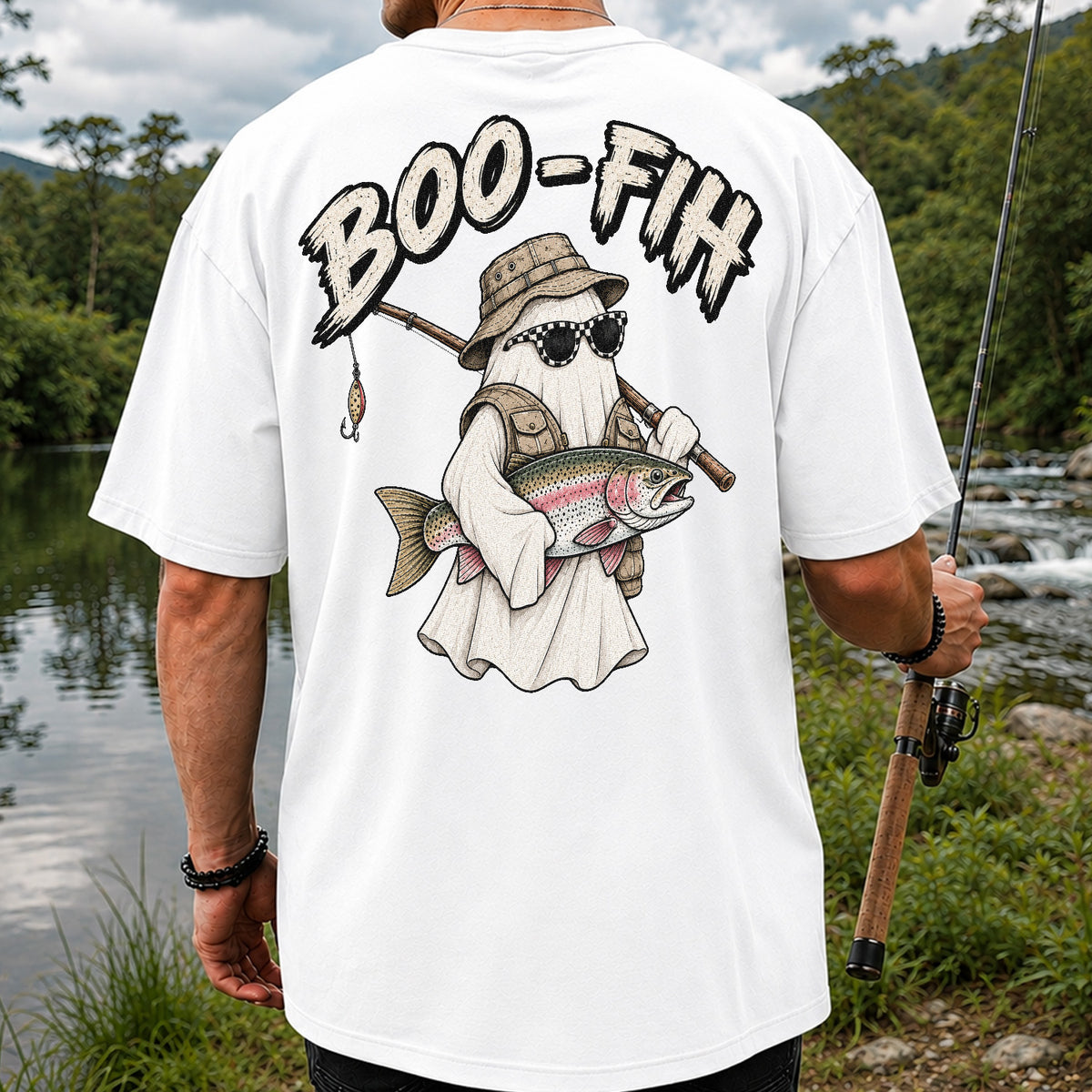 Boo-Fih Ghost Holding Rainbow Trout Halloween Fishing T-Shirt | Back Print
