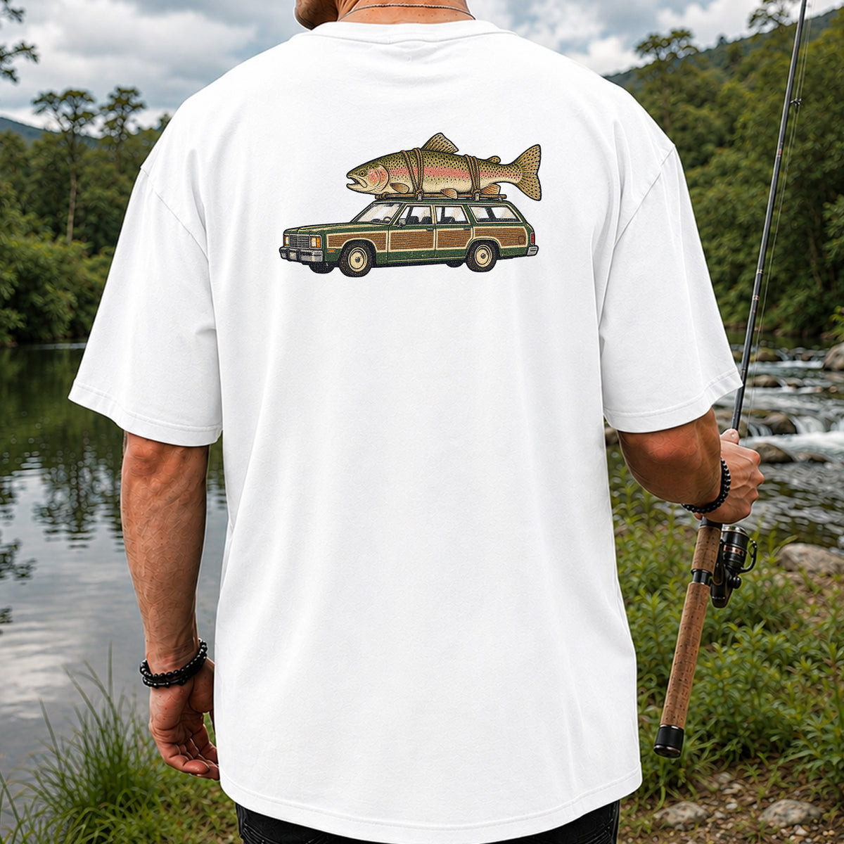 Vintage Station Wagon Carrying Rainbow Trout Fishing T-Shirt | Back Print