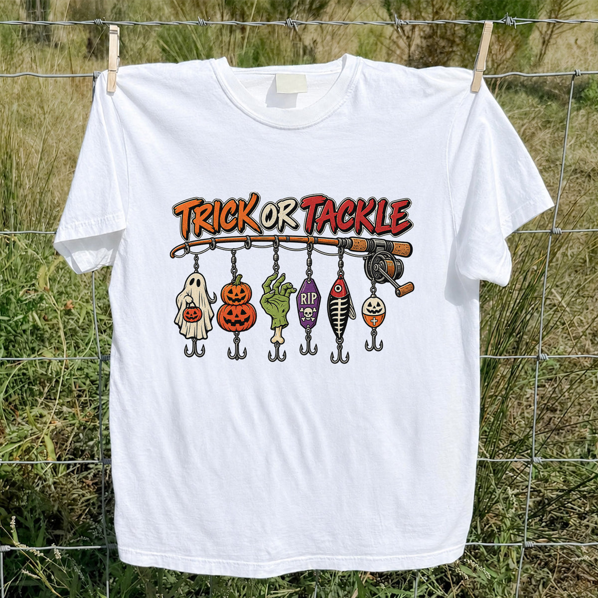 Trick or Tackle Halloween Ghost and Pumpkin Fishing Lures T-Shirt