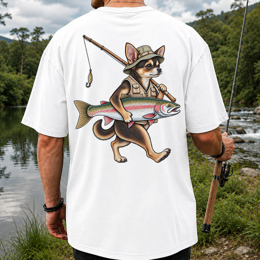 Chihuahua Angler Carrying Rainbow Trout and Fishing Rod Graphic T-Shirt | Back Print