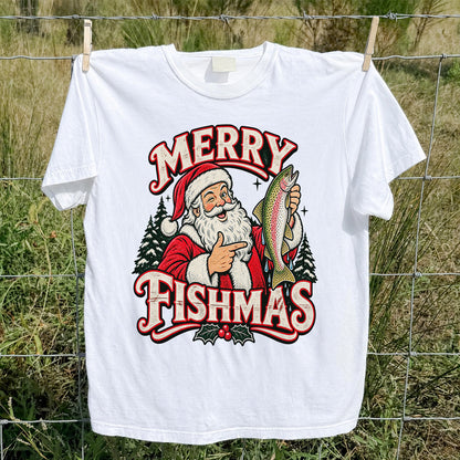 Merry Fishmas Santa Holding Rainbow Trout Christmas Fishing T-Shirt