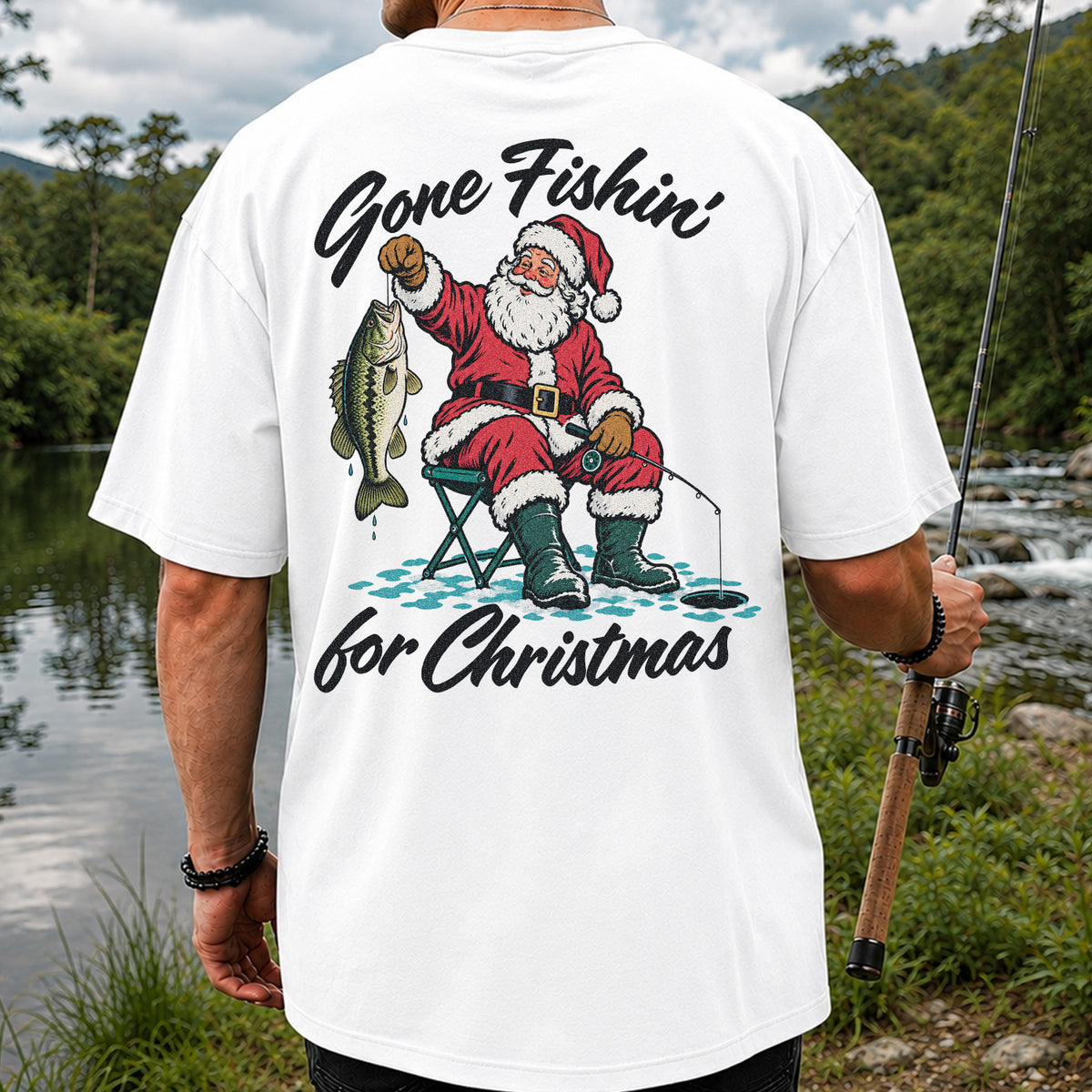 Santa Fishing with Bass Christmas Graphic T-Shirt | Back Print