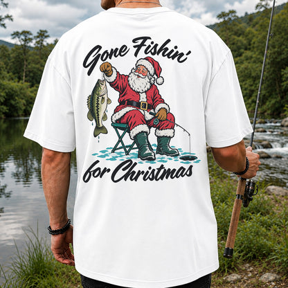 Santa Fishing with Bass Christmas Graphic T-Shirt | Back Print