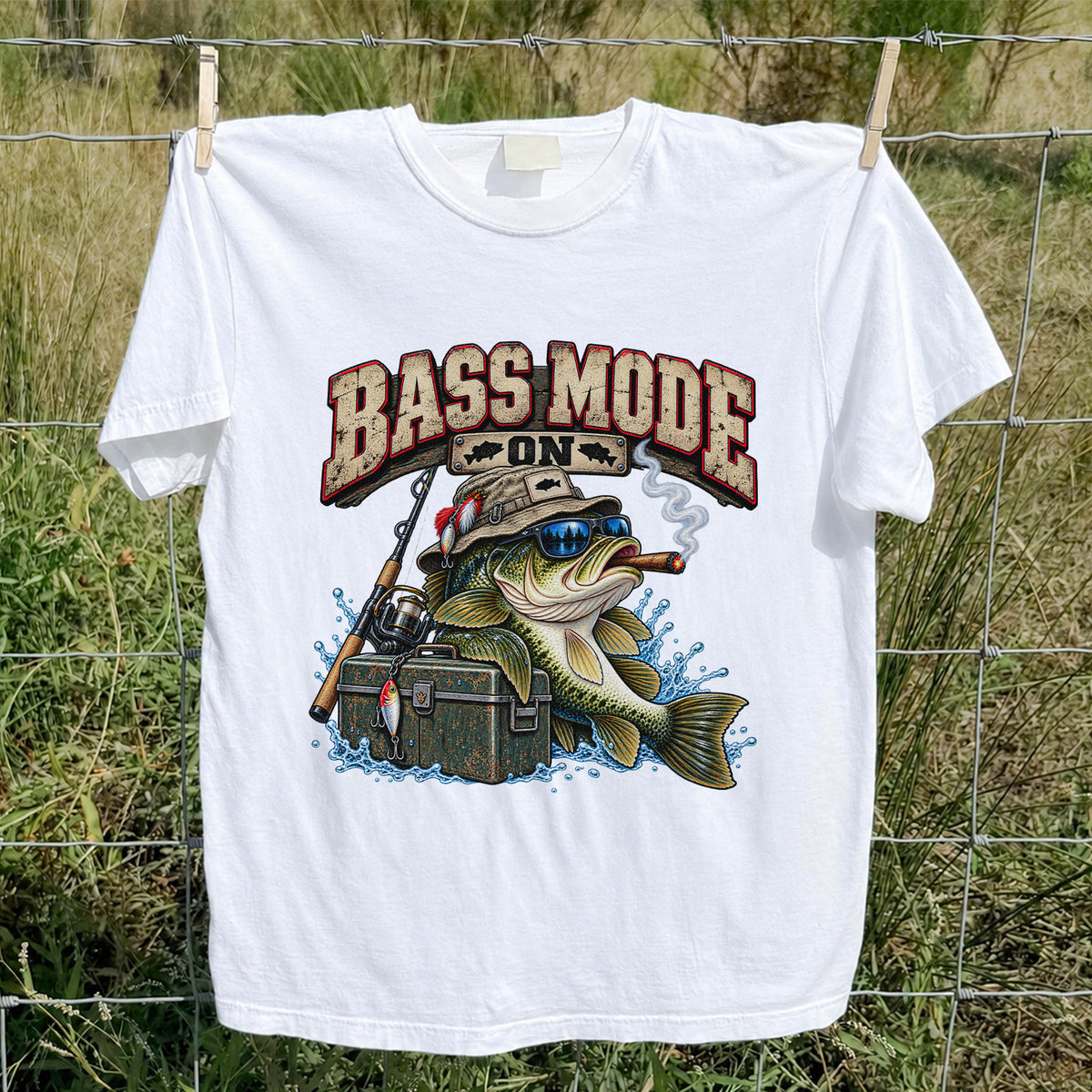 Bass Mode On Funny Bass with Cigar Fishing Graphic T-Shirt