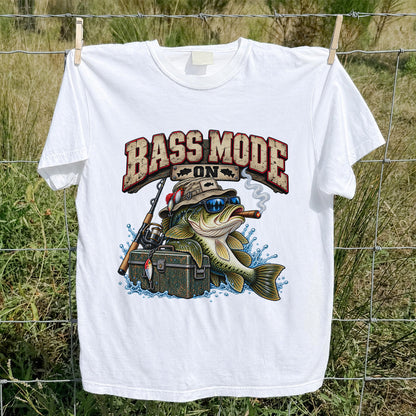 Bass Mode On Funny Bass with Cigar Fishing Graphic T-Shirt