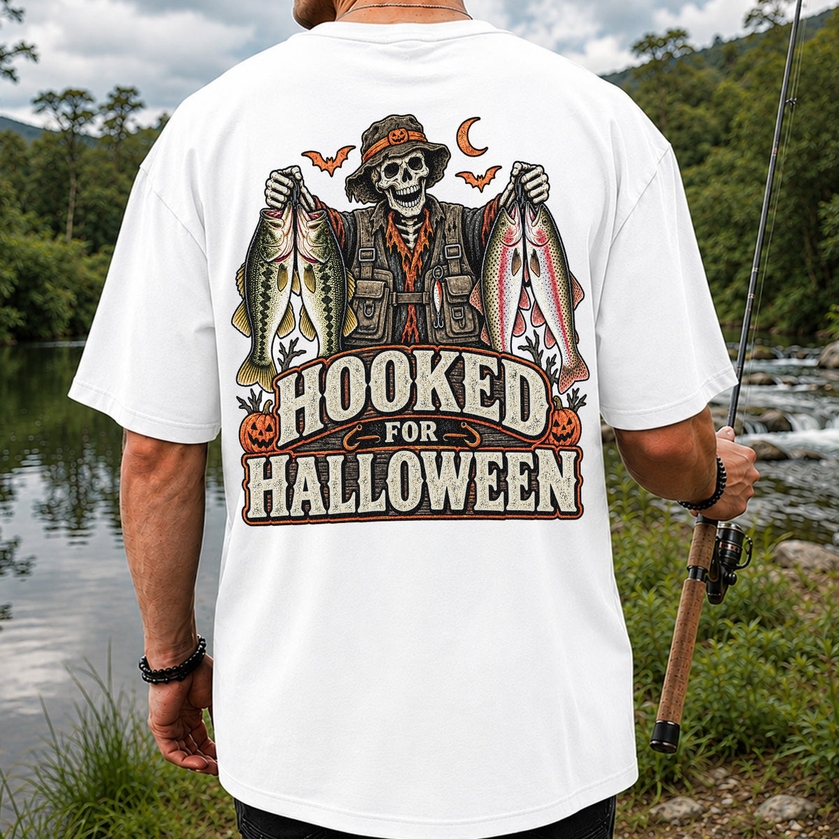 Hooked for Halloween Skeleton Angler with Bass and Trout Fishing T-Shirt | Back Print