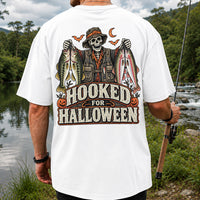 Hooked for Halloween Skeleton Angler with Bass and Trout Fishing T-Shirt | Back Print