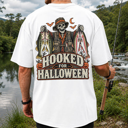 Hooked for Halloween Skeleton Angler with Bass and Trout Fishing T-Shirt | Back Print