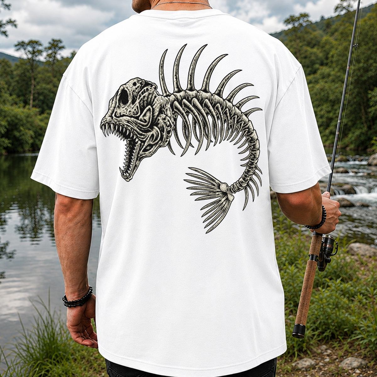 Monster Fish Skeleton Gothic Fishing Graphic T-Shirt | Back Print