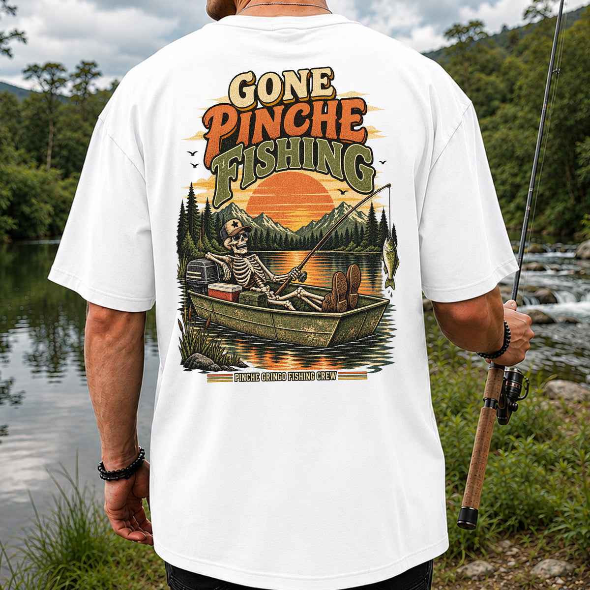 Gone Pinche Fishing Skeleton in a Boat Retro Graphic T-Shirt | Back Print