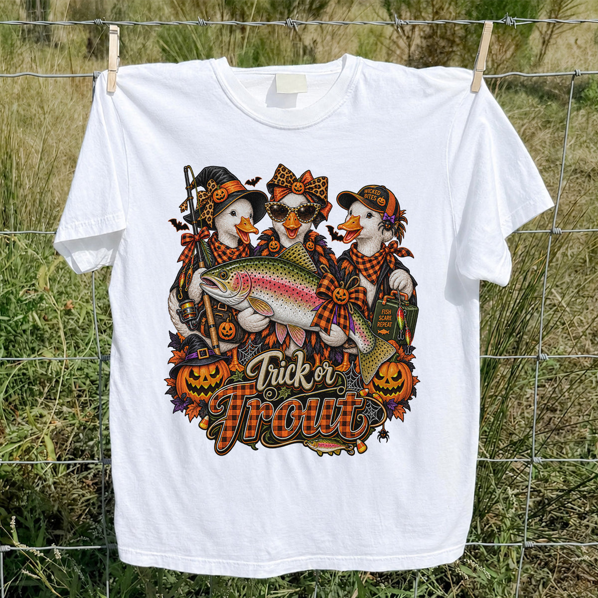 Trick or Trout Halloween Ducks with Rainbow Trout and Pumpkins Fishing T-Shirt