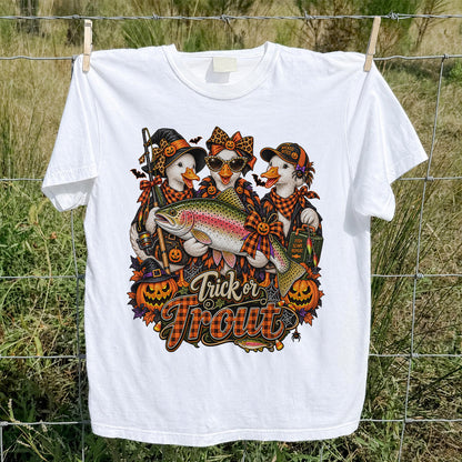 Trick or Trout Halloween Ducks with Rainbow Trout and Pumpkins Fishing T-Shirt