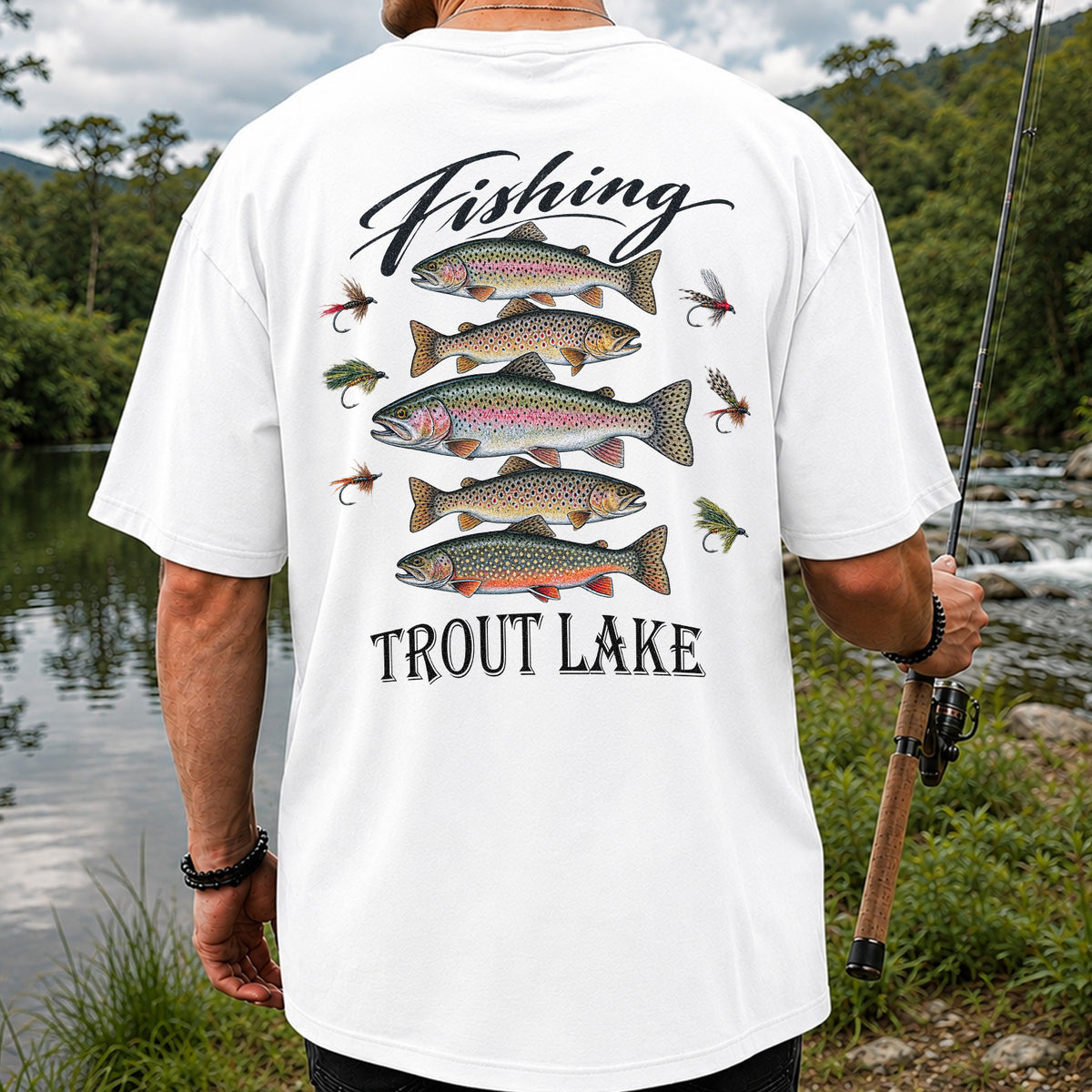 Fishing Trout Lake Vintage Trout and Flies Graphic T-Shirt | Back Print