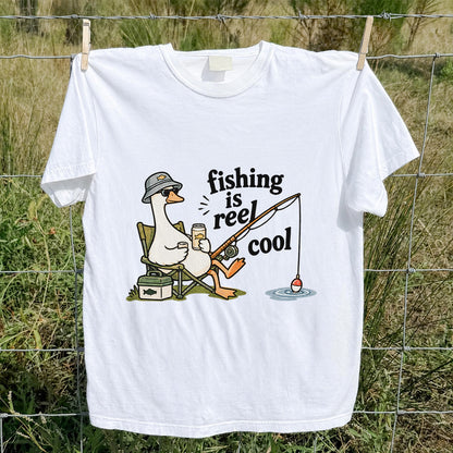 Fishing Is Reel Cool Funny Fishing Goose Graphic T-Shirt