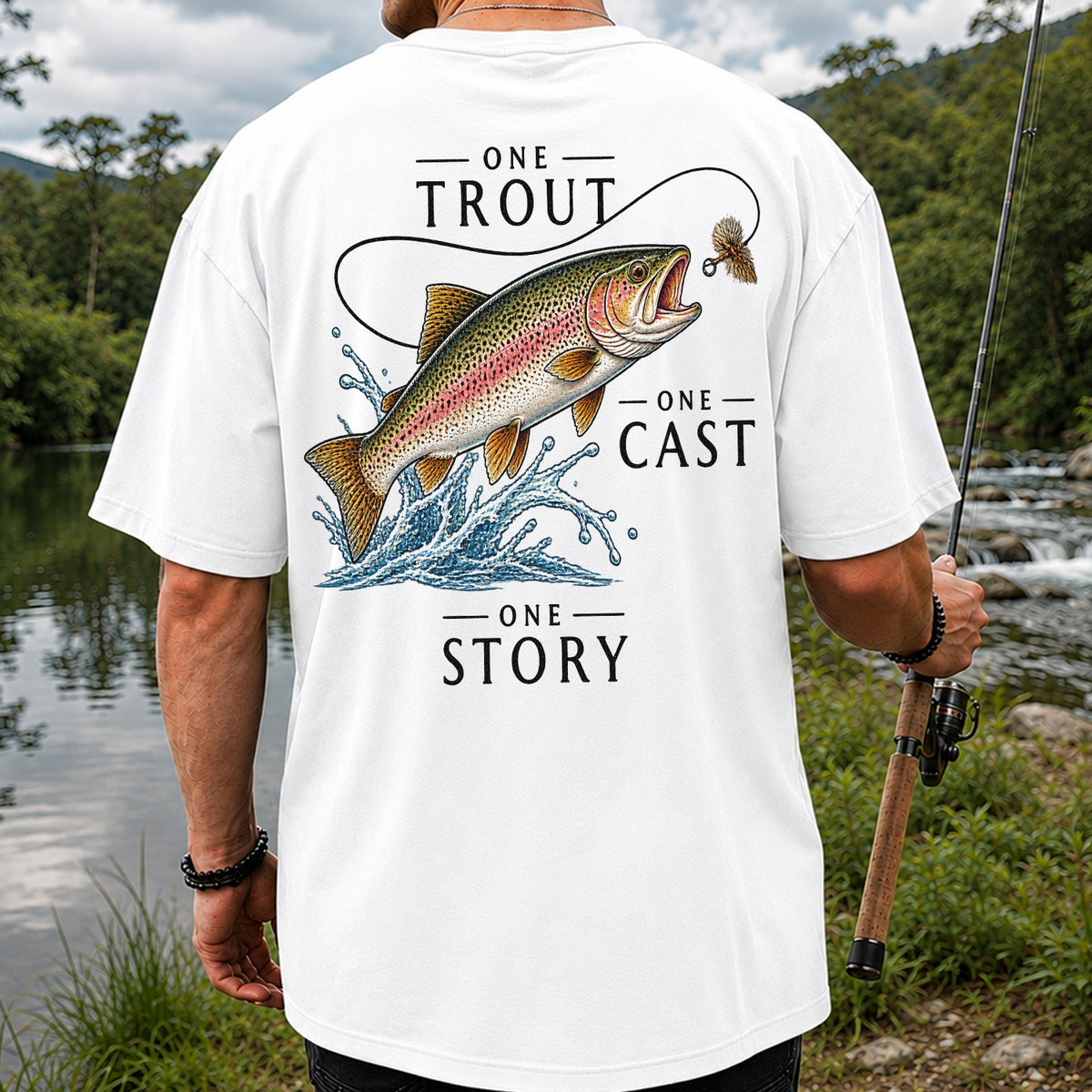 One Trout One Cast One Story Rainbow Trout Fly Fishing T-Shirt | Back Print