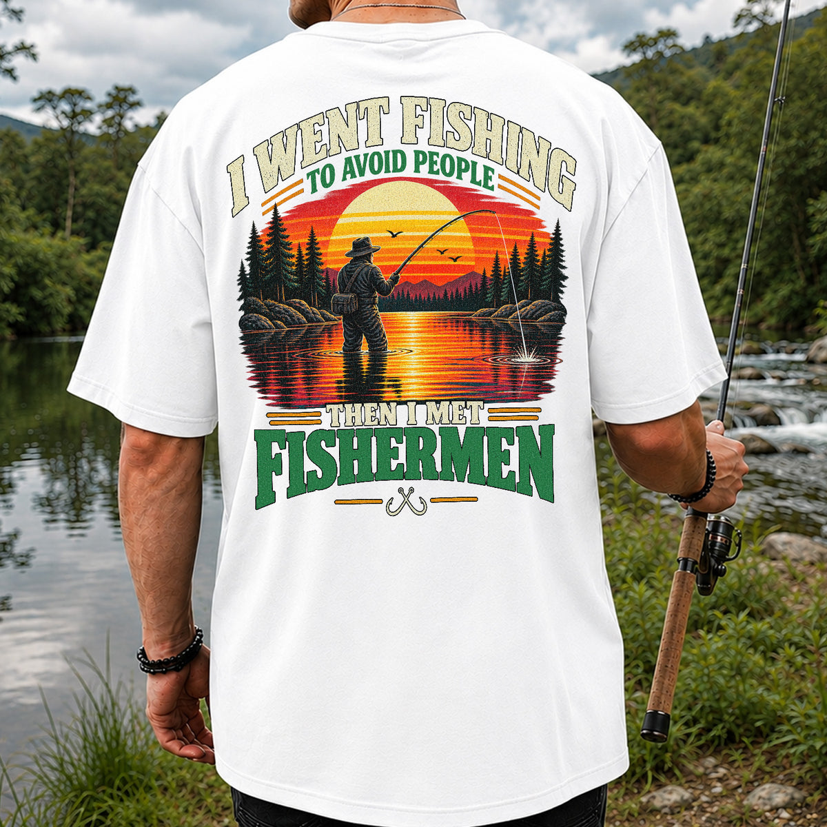 Sunset Fisherman Fishing Humor Graphic T-Shirt | Back Print