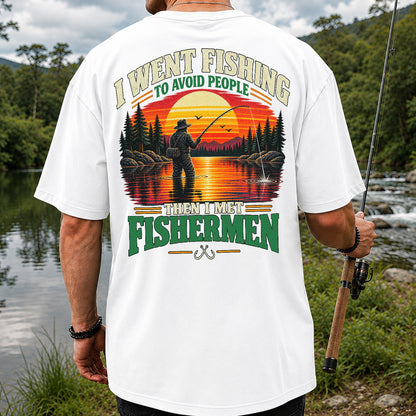 Sunset Fisherman Fishing Humor Graphic T-Shirt | Back Print