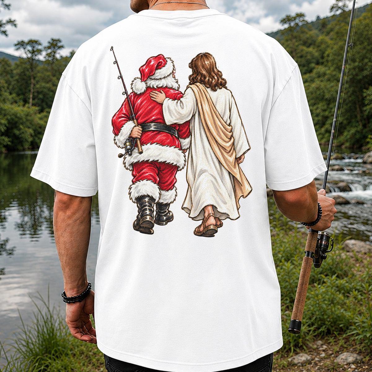 Santa and Robed Companion Fishing Graphic T-Shirt | Back Print